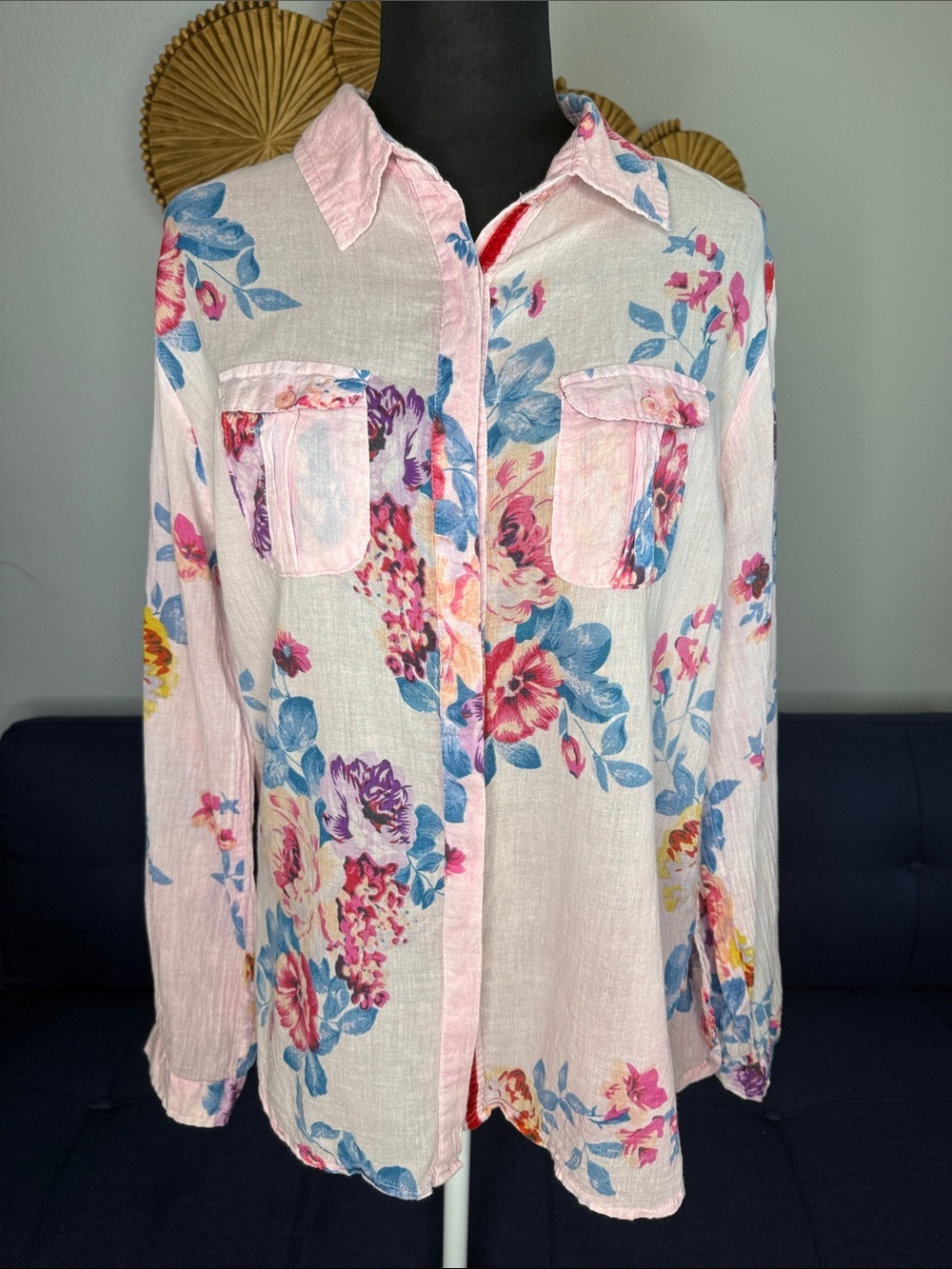 Vintage Goa Floral Leaf Print Light Pink Collared Button Down Sheer Blouse XL